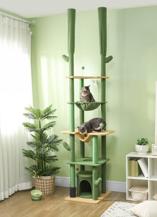 89"-100" Floor to Ceiling Cat Tree, Cat Climbing Tower with Grooming Brush Post, Cat Condo, Hammock, Green