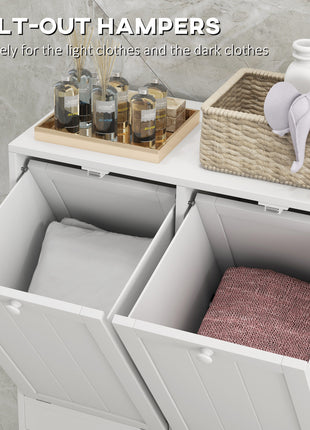 Tilt-out Laundry Storage Cabinet with 2 Compartment Hampers, White