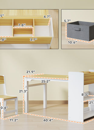 Kids Desk and Chair Set with Paper Roll, Kids Activity Craft Table with Storage Shelves and Drawers, Natural Wood