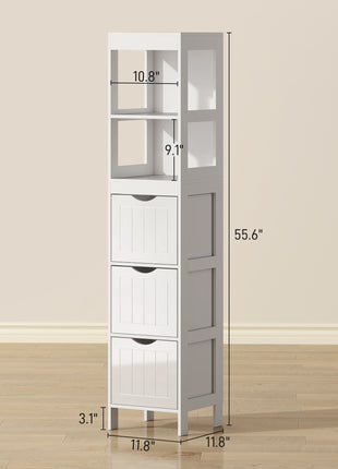 Narrow Bathroom Storage Cabinet, Bathroom Cabinet with 3 Drawers & 2 Open Shelves, Slim Bathroom Floor Cabinet, White