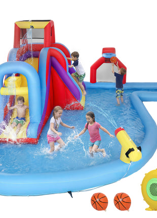 Inflatable Water Slide 6 in 1 with 480W Blower, Bounce House with Climbing Wall, Splashing Pool, Basketball Hoop