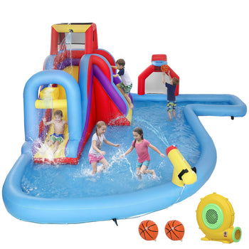 Inflatable Water Slide 6 in 1 with 480W Blower, Bounce House with Climbing Wall, Splashing Pool, Basketball Hoop
