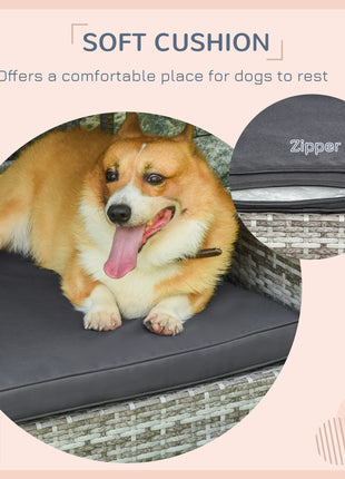 Wicker Dog House Elevated Raised Rattan Bed with Removable Cushion Lounge, Charcoal Gray