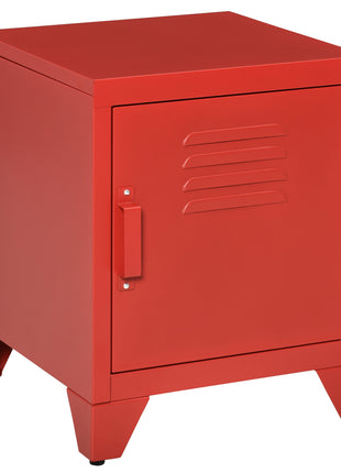 Industrial End Table, Living Room Side Table with Locker-Style Door and Adjustable Shelf, Red