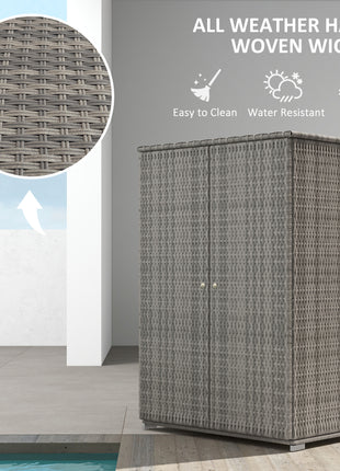Outdoor Storage Cabinet with Shelves, Rattan Pool Towel Storage Cabinet with Removable Shelf & Drawer, Dark Gray