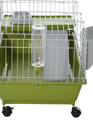35"L Small Animal Cage, Rolling Bunny Cage, Guinea Pig Cage with Food Dish, Water Bottle, Hay Feeder, Platform, Ramp for Chinchilla, Green