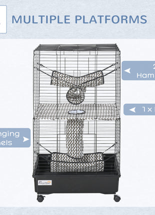 42" Ferret Cage, Small Animal Habitat Metal Pet Cage with Wheels Brakes, Hammocks, Hanging Tunnels, and 3 Doors, Black
