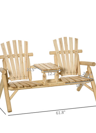 2-Seat Wooden Adirondack Chair, Patio Bench with Table, Outdoor Loveseat Fire Pit Chair for Porch, Backyard, Deck, Natural