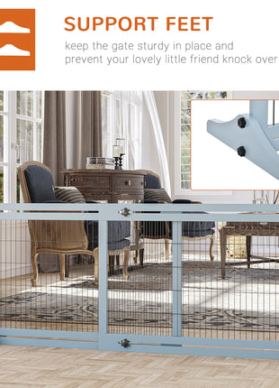 71" W x 27.25" H Extra Wide Freestanding Pet Gate with Adjustable Length Dog, Cat, Barrier for House, Doorway, Hallway, Blue-Gray