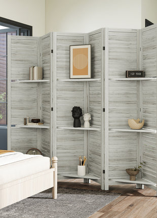 6 Panel 67" Tall Wood Privacy Screen Room Divider with 3 Shelves and Folding Storage for Bedroom, White