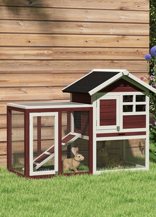 49" Wooden Rabbit Hutch Bunny Cage with Waterproof Asphalt Roof, Fun Outdoor Run, Removable Tray and Ramp, for Rabbits, Chickens, Ducks, Brown