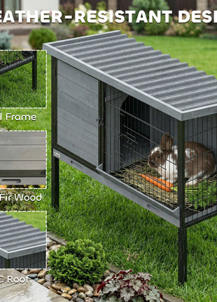 Elevated Rabbit Hutch Outdoor, Wooden Rabbit Cage Bunny House with Pull-out Tray and Openable Plastic Roof