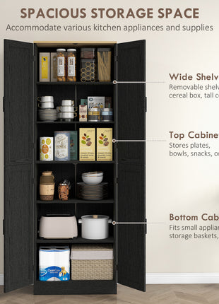 Freestanding Kitchen Pantry, 4-Door Kitchen Pantry Cabinet with Adjustable Shelves and Doors, Distressed Black