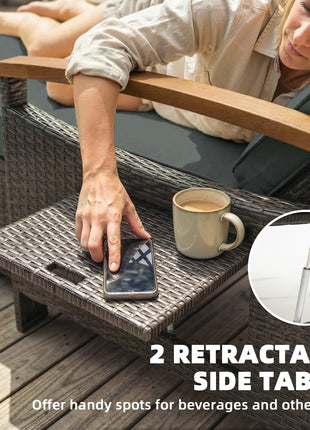Rattan Outdoor Daybed w/4-Level Adjustable Backrest, Patio Sofa Bed w/Storage Ottoman, Acacia Wood Armrest, Mixed Gray