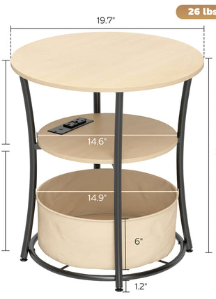 Round Side Table with Charging Station, 3-Tier End Table with Fabric Storage Bag and Shelf, Natural Wood