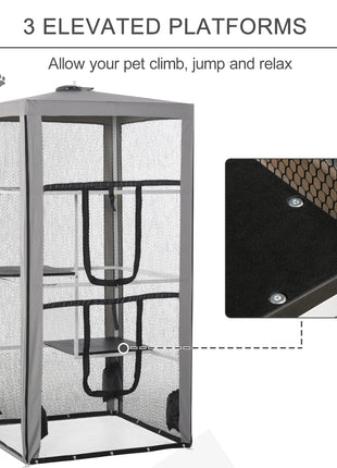 79"H Cat House Kitten Enclosure Mesh Playpen Steel Frame with 3 Platforms, 2 Doors and 4 Sandbags for Stability, Indoor/Outdoor