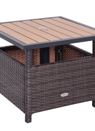 22" Outdoor Side Table with Umbrella Hole, Rattan Wicker End Table with Sand Bag and Steel Frame for Patio, Garden, Backyard, Brown & Light Yellow