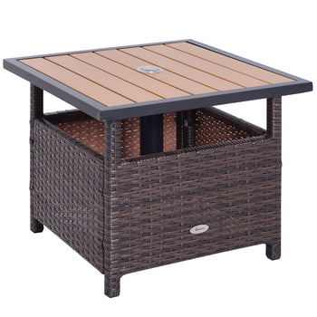 22" Outdoor Side Table with Umbrella Hole, Rattan Wicker End Table with Sand Bag and Steel Frame for Patio, Garden, Backyard, Brown & Light Yellow