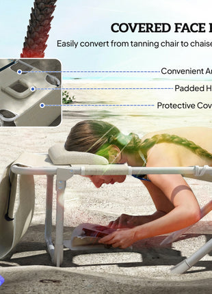 Tanning Chair with Face Hole and Side Table, 5-Position Folding Outdoor Chaise Lounge Chair, Beige