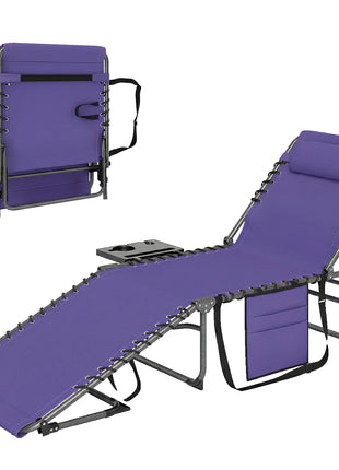 Folding Outdoor Chaise Lounge Chair Tanning Chair with 5-Level Adjustable Back, Side Table, Pillow, Pocket, Purple
