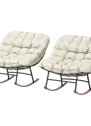 Outdoor Rocking Chair Patio Set of 2, Oversized Rocking Papasan Chairs with Cushions for Garden Porch, 265 lbs., Beige