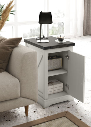 Farmhouse End Table with Storage, Side Table with Charging Station and USB Ports for Living Room, Distressed White