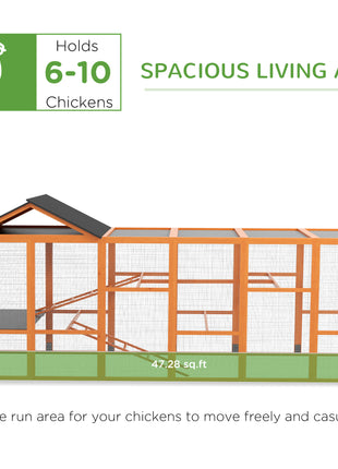 Wooden Chicken Coop Run for 6 - 10 Chickens, Hen House Add-On with Storage, Perches, 141.75" x 48" x 61", Orange
