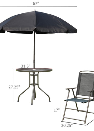 6 Piece Patio Dining Set for 4 with Umbrella, Outdoor Table and Chairs with 4 Folding Dining Chairs & Round Glass Table for Garden, Backyard and Poolside, Black and Coffee