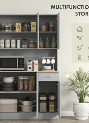 71" Kitchen Pantry Cabinet, Tall Storage Cabinet with Microwave Stand, Modern Kitchen Hutch with Countertop, 6 Doors, Storage Drawer, 3 Adjustable Shelves for Living Room, Dining Room, Gray