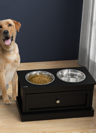 Elevated Dog Bowls with Storage Drawer, Raised Dog Bowl Stand Pet Food Bowl Dog Feeding Station, Black