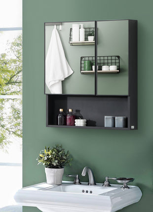 Wall-Mounted Medicine Cabinet, Bathroom Mirror Cabinet with Double Doors and Storage Shelves, Black