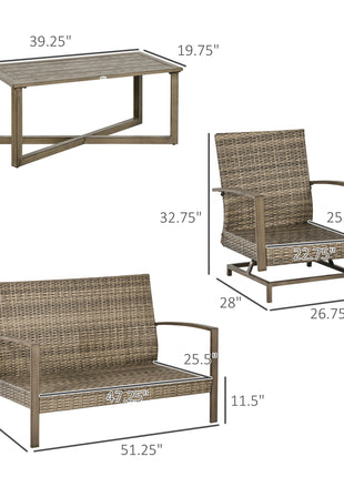 4 Piece Wicker Patio Furniture Set with 2 Rocking Chairs, Loveseat Sofa, Outdoor PE Rattan Conversation Set with Cushions, Aluminum Table for Porch, Poolside, Light Gray