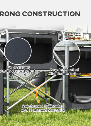 Aluminum Camping Kitchen, Portable Folding Camping Table with Fabric Cupboards, Windshield, Bag for BBQ, Picnic, Black