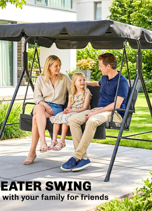 3-Seat Outdoor Patio Swing Chair w/ Cushion, Steel Frame Stand, Adjustable Tilt Canopy for Patio, Garden, Black 2