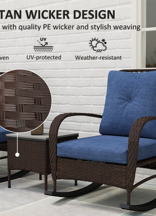3 Piece Wicker Patio Furniture Set, Outdoor PE Rattan Rocking Chairs with Coffee Table, Cushions for Porch, Brown