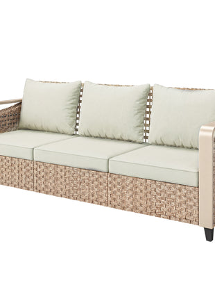 Rattan Wicker Sofa 3-Seater Outdoor Patio Sofa with Cushions for Garden Backyard Porch Beige