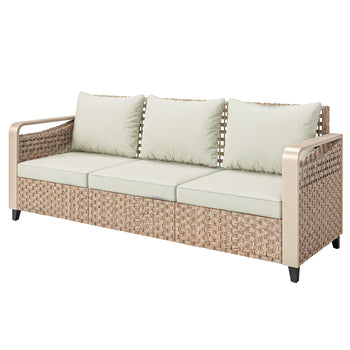 Rattan Wicker Sofa 3-Seater Outdoor Patio Sofa with Cushions for Garden Backyard Porch Beige