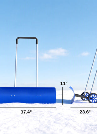 37-Inch Extra Wide Snow Shovel with Wheels, Heavy Duty Aluminum Snow Pusher with Ergonomic Adjustable Handle, Blue