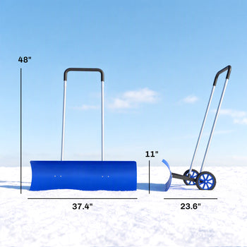 37-Inch Extra Wide Snow Shovel with Wheels, Heavy Duty Aluminum Snow Pusher with Ergonomic Adjustable Handle, Blue