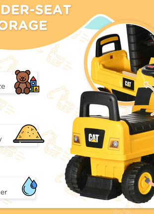 Kids Excavator Ride on Toy CAT Licensed with Manual Shovel, Horn, Hidden Storage for 18-36 Months, Yellow