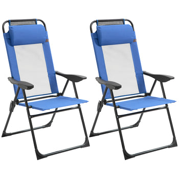 Folding Patio Dining Chairs Set of 2, Outdoor Deck Chair with Removable Headrest, Camping Chair with Adjustable Sling Back for Garden, Backyard, Lawn, Blue