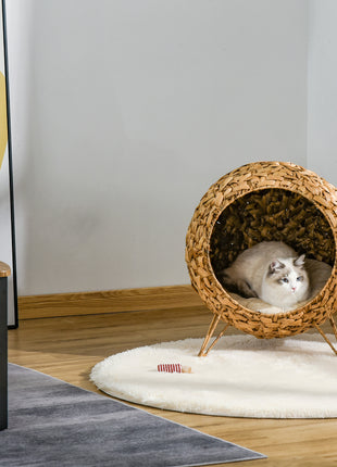 20.5" Weaved Cat Bed, Elevated Hand-woven Braided Banana Leaf Kitten House Condo with Cushion, Natural