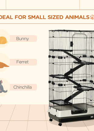 32"L 6-Level Small Animal Cage Rabbit Hutch with Universal Lockable Wheels, Slide-out Tray for Bunny, Chinchillas, Ferret, Black