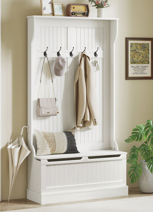 3-In-1 Entryway Bench with Coat Rack, Hall Tree with Bench and Shoe Storage, 5 Hooks for Hallway Cream White