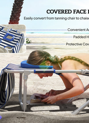 Tanning Chair with Face Hole and Side Table, 5-Position Folding Outdoor Chaise Lounge Chair, Blue and White