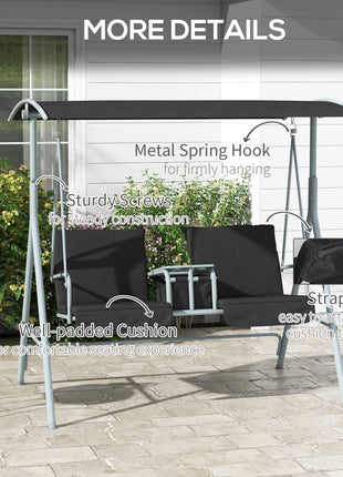 2-Seater Outdoor Porch Swing with Canopy and Table, Patio Swing Chair for Garden, Poolside, Backyard, Black