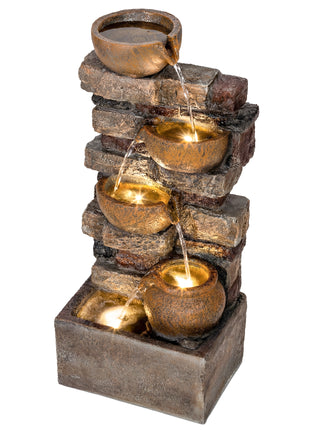 28" Outdoor Fountain with 5-Tier Rustic Jugs, Cascading Waterfall with LED Lights, Adjustable Flow, Rustic Brown