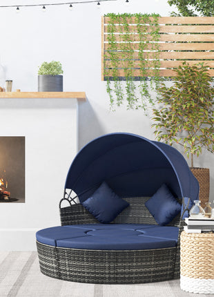 4-piece Cushioned Outdoor Rattan Wicker Sunbed or Conversational Sofa Set with Sun Canopy, Dark Blue