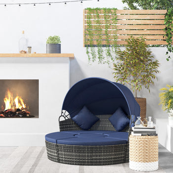 4-piece Cushioned Outdoor Rattan Wicker Sunbed or Conversational Sofa Set with Sun Canopy, Dark Blue