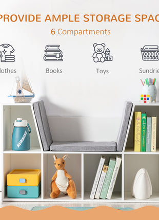 6-Cubby Kids Bookcase with Reading Nook and Cushion, Multi-Purpose Storage Organizer for Bedroom, Living Room, Pure White